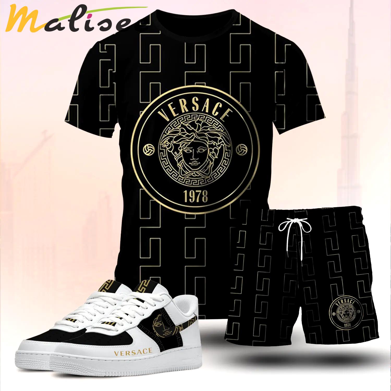 For the girls who love bold luxury streetwear, versace graphic tee set – black gold casual outfit with clean aesthetic T-Shirt Short Sneakers Set