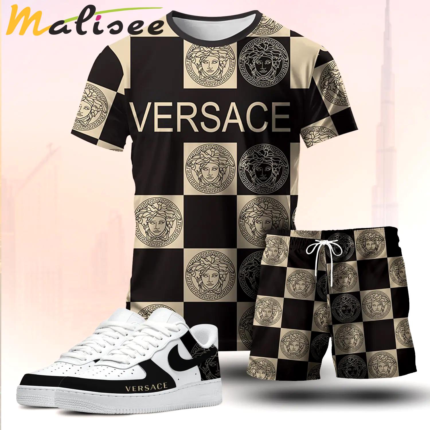 For the girls who love bold pattern streetwear, versace graphic tee set – black beige casual everyday outfit ideas T-Shirt Short Sneakers Set