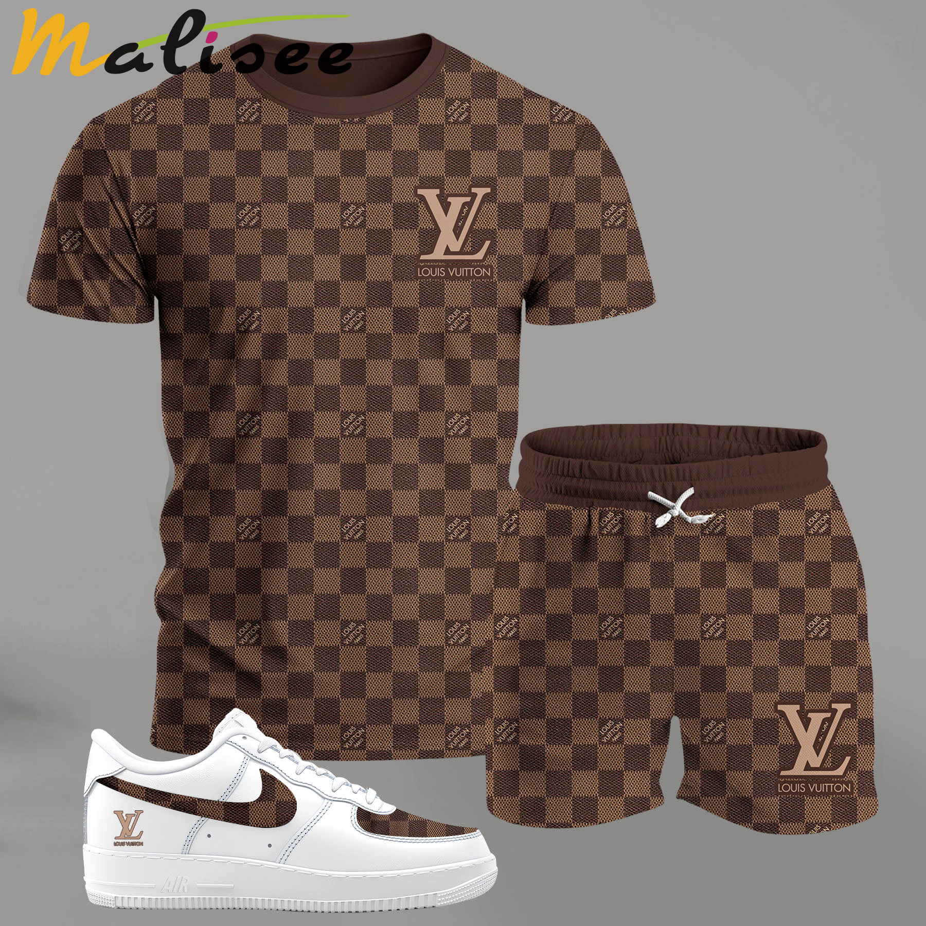 For the girls who love classic check patterns, brown all-over check outfit t-shirt set | minimal aesthetic everyday wear T-Shirt Short Sneakers Set