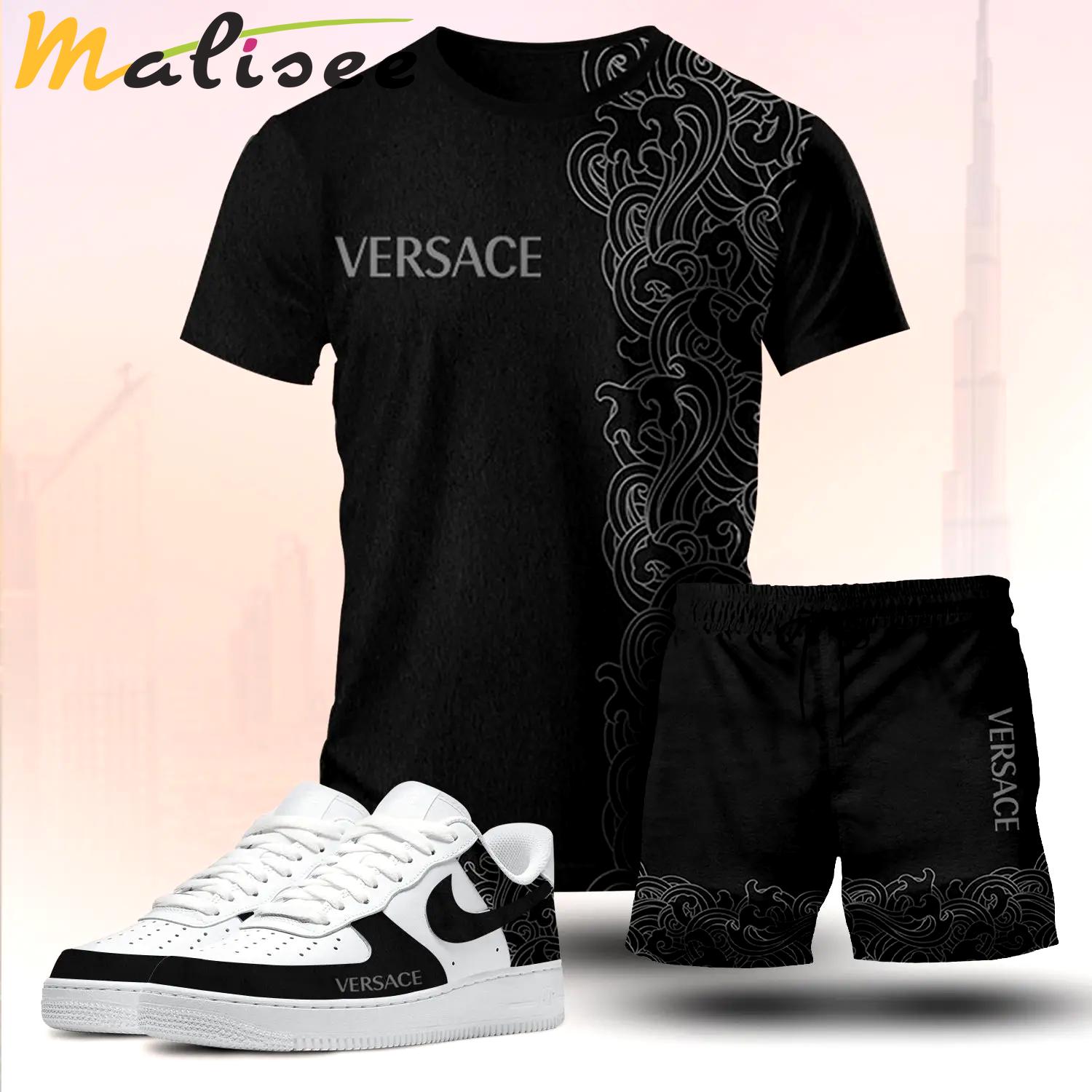 For the girls who love dark minimal streetwear, versace graphic tee set – black casual everyday outfit with luxury vibes T-Shirt Short Sneakers Set