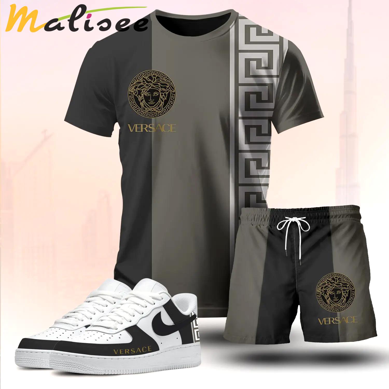For the girls who love dark neutral balance, minimal split logo tee outfit t-shirt – black and olive graphic print | clean girl aesthetic outfit ideas T-Shirt Short Sneakers Set