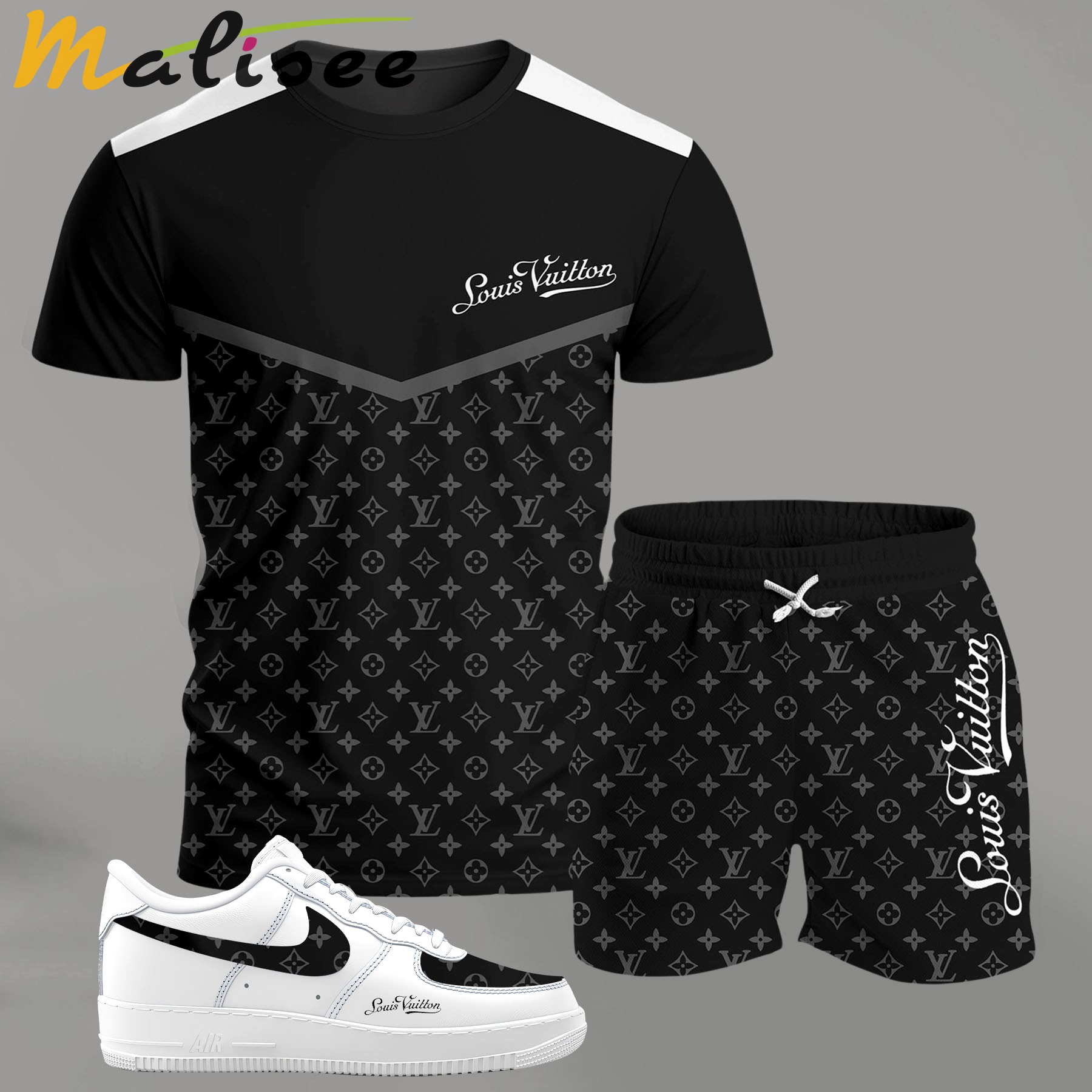 For the girls who love monochrome street style, black panel monogram outfit t-shirt set | minimal aesthetic everyday wear T-Shirt Short Sneakers Set
