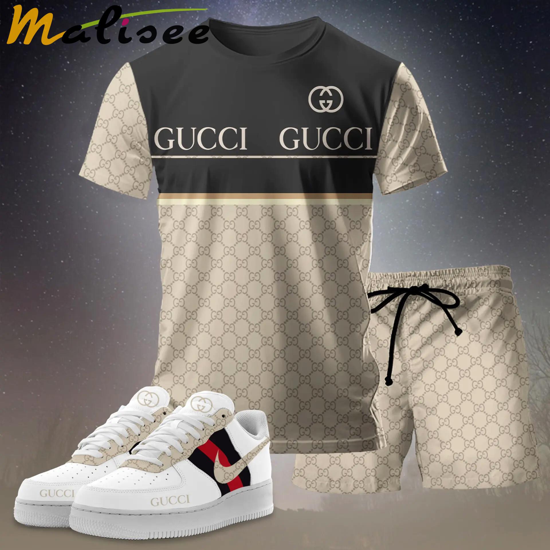 For the girls who love neutral contrast styling, minimal logo stripe tee outfit t-shirt – beige monogram and black panel | casual everyday outfit aesthetic ideas T-Shirt Short Sneakers Set