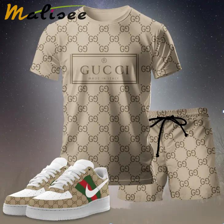 For the girls who love neutral designer vibes, minimal graphic tee outfit t-shirt – beige monogram logo print | casual everyday outfit aesthetic ideas T-Shirt Short Sneakers Set