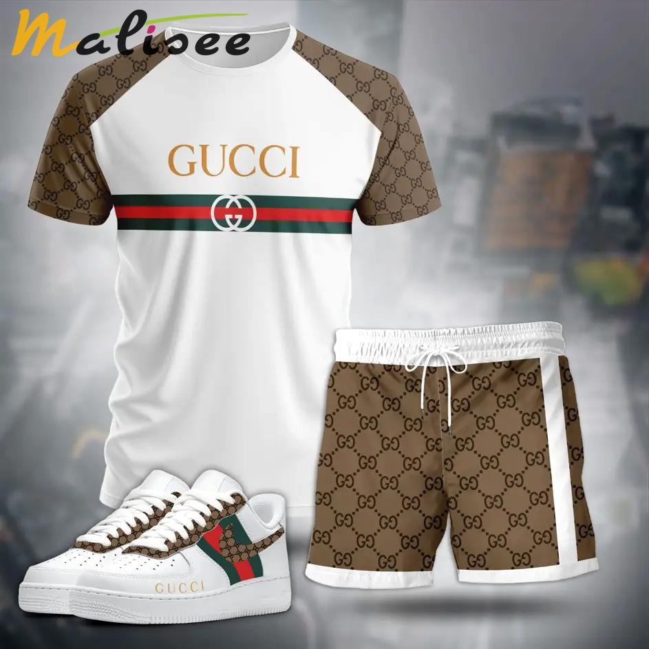 For the girls who love neutral sporty balance, minimal logo stripe tee outfit t-shirt – white with beige monogram sleeves | casual everyday outfit aesthetic ideas T-Shirt Short Sneakers Set