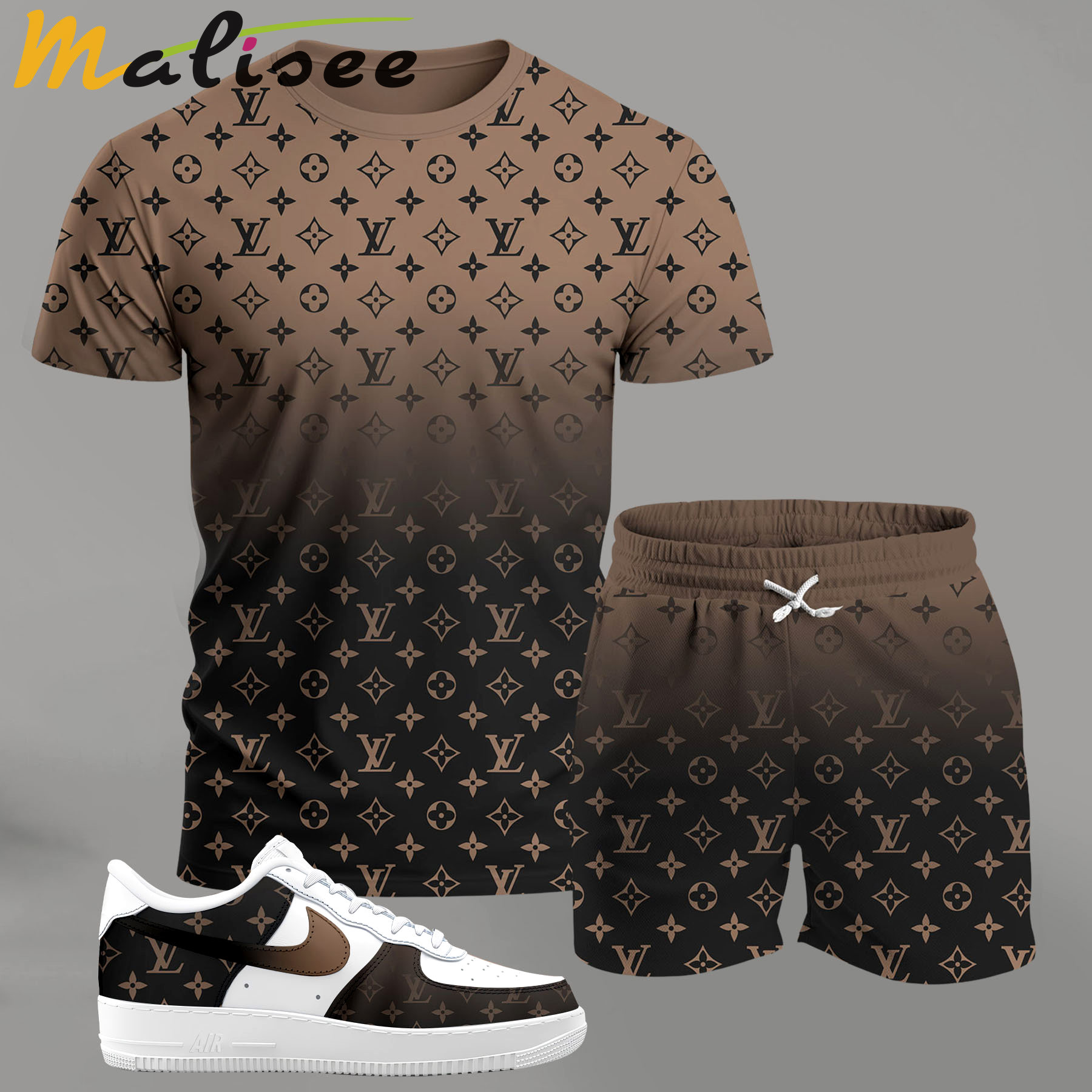 For the girls who love neutral tones, brown gradient monogram outfit t-shirt set | minimal aesthetic everyday wear T-Shirt Short Sneakers Set