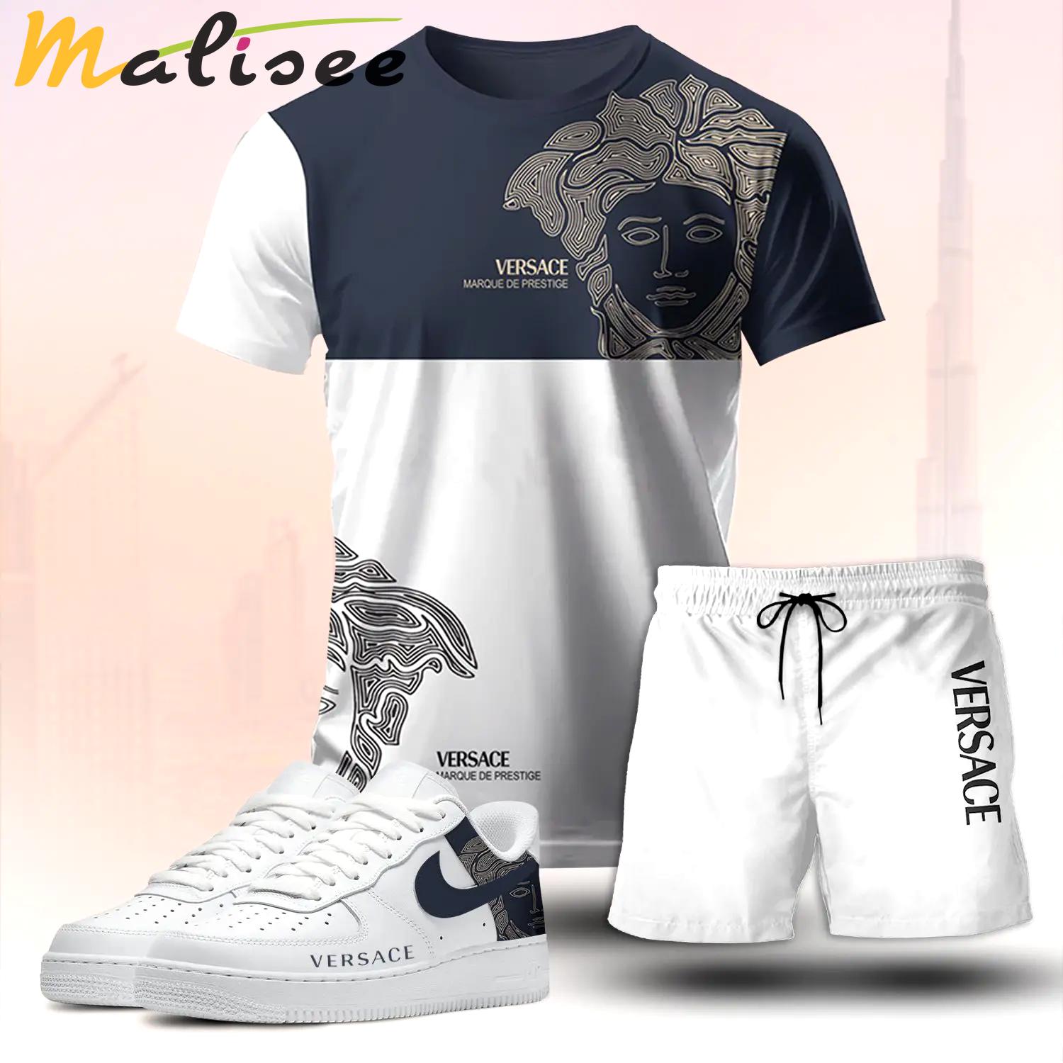 For the girls who love quiet luxury style, versace graphic tee set – navy white casual everyday outfit ideas T-Shirt Short Sneakers Set