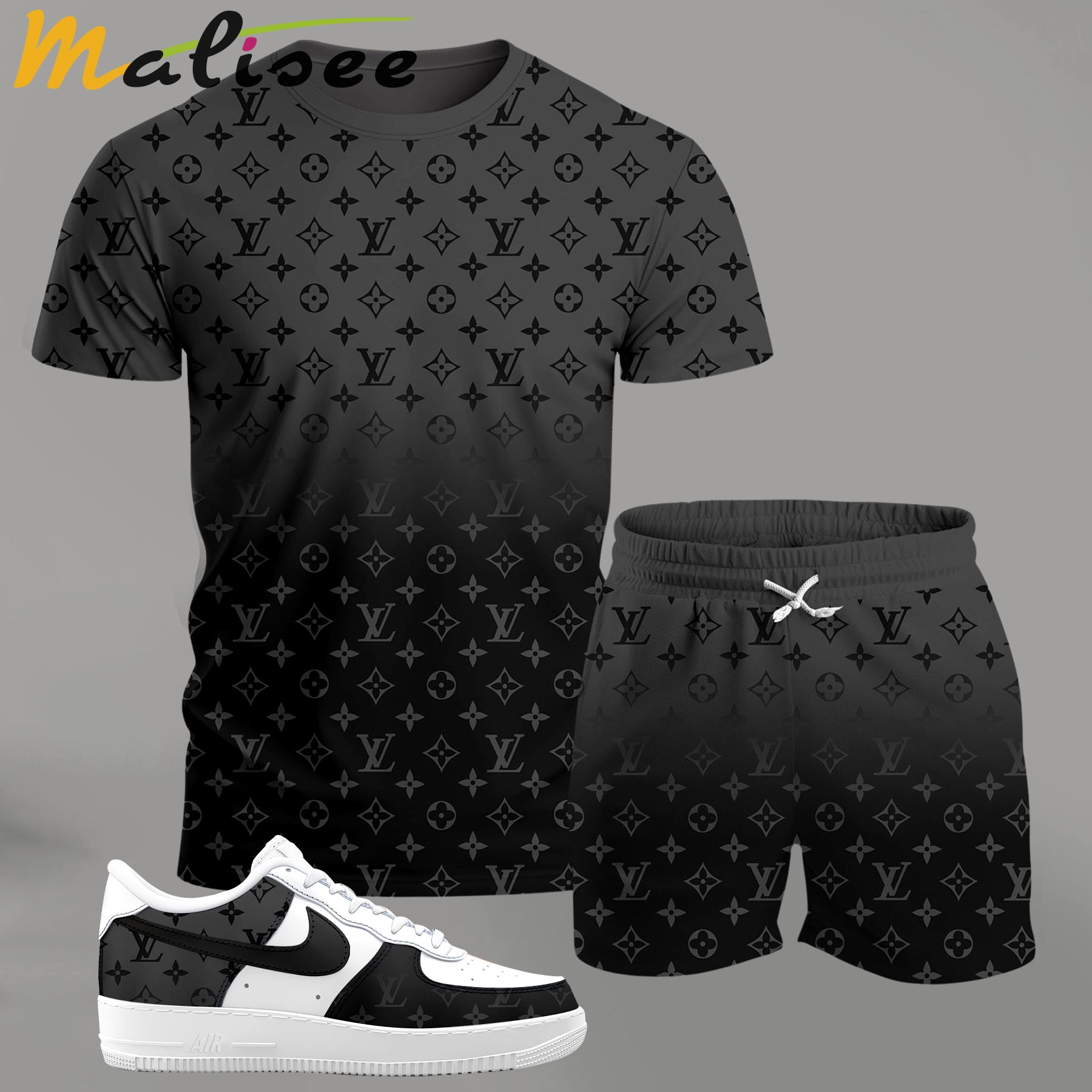 For the girls who love sleek monochrome streetwear, all-over pattern black gradient outfit t-shirt set | minimal aesthetic everyday wear T-Shirt Short Sneakers Set