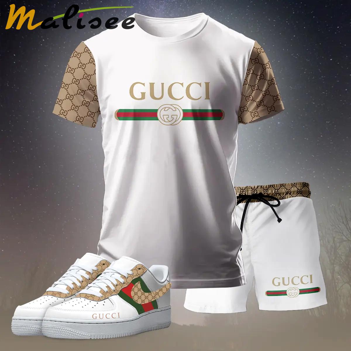 For the girls who love soft luxury style, gucci graphic tee set – white minimal casual everyday outfit ideas T-Shirt Short Sneakers Set