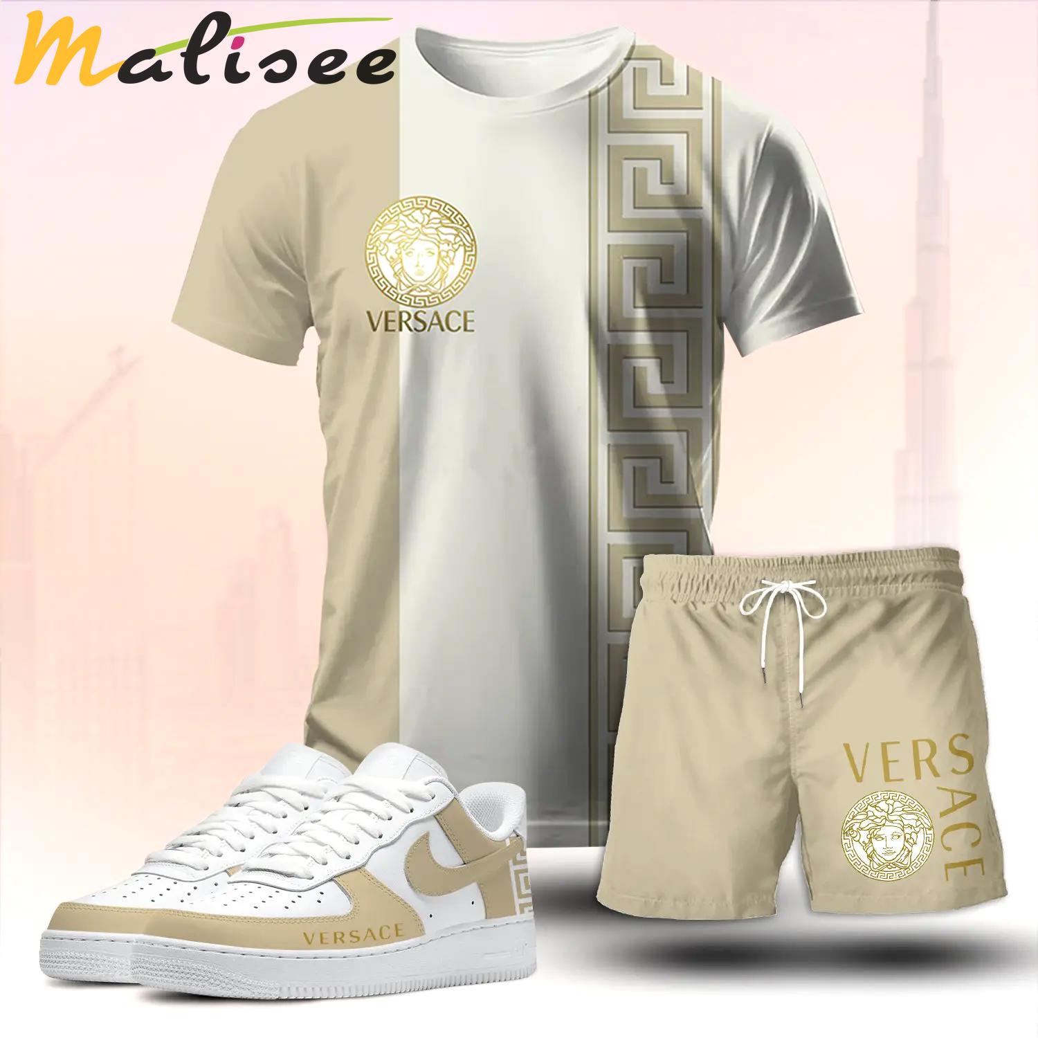 For the girls who love soft neutral luxury vibes, minimal graphic tee outfit t-shirt – beige split tone logo print | clean girl aesthetic outfit ideas T-Shirt Short Sneakers Set