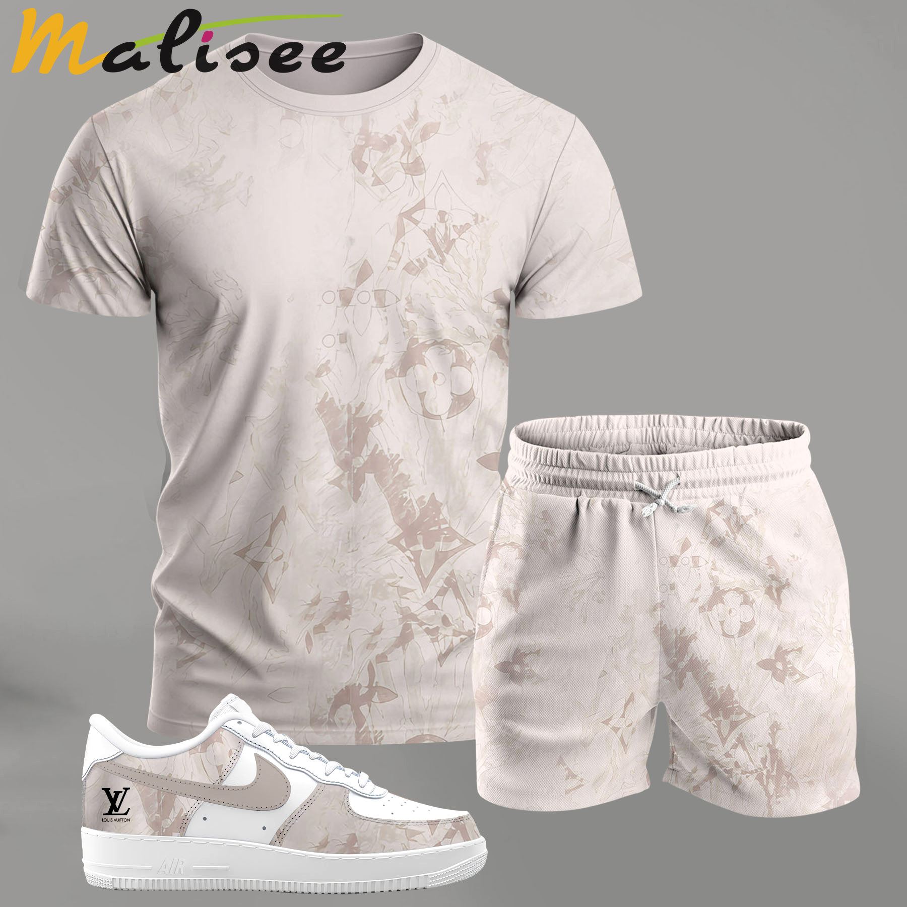 For the girls who love soft neutral tones, beige abstract pattern outfit t-shirt set | minimal aesthetic everyday wear T-Shirt Short Sneakers Set