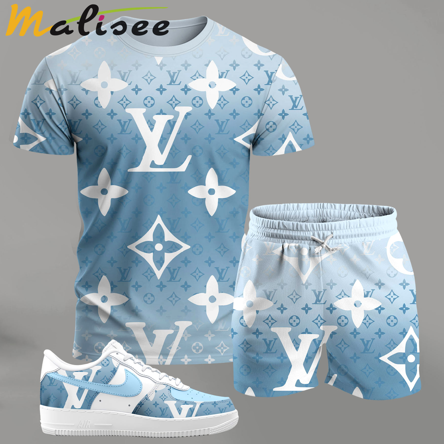 For the girls who love soft pastel streetwear, blue monogram pattern outfit t-shirt set | minimal aesthetic everyday wear T-Shirt Short Sneakers Set