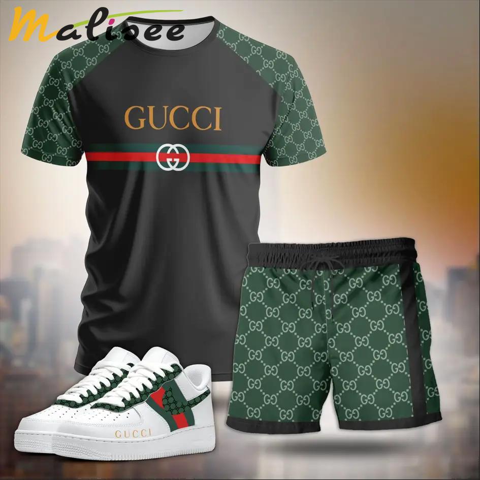 For the girls who love sporty luxe contrast, minimal logo stripe tee outfit t-shirt – black and green monogram print | casual everyday outfit aesthetic ideas T-Shirt Short Sneakers Set