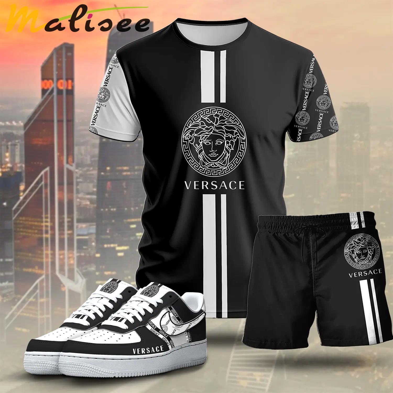 For the girls who love sporty luxury streetwear, versace graphic tee set – black minimal casual everyday outfit ideas T-Shirt Short Sneakers Set