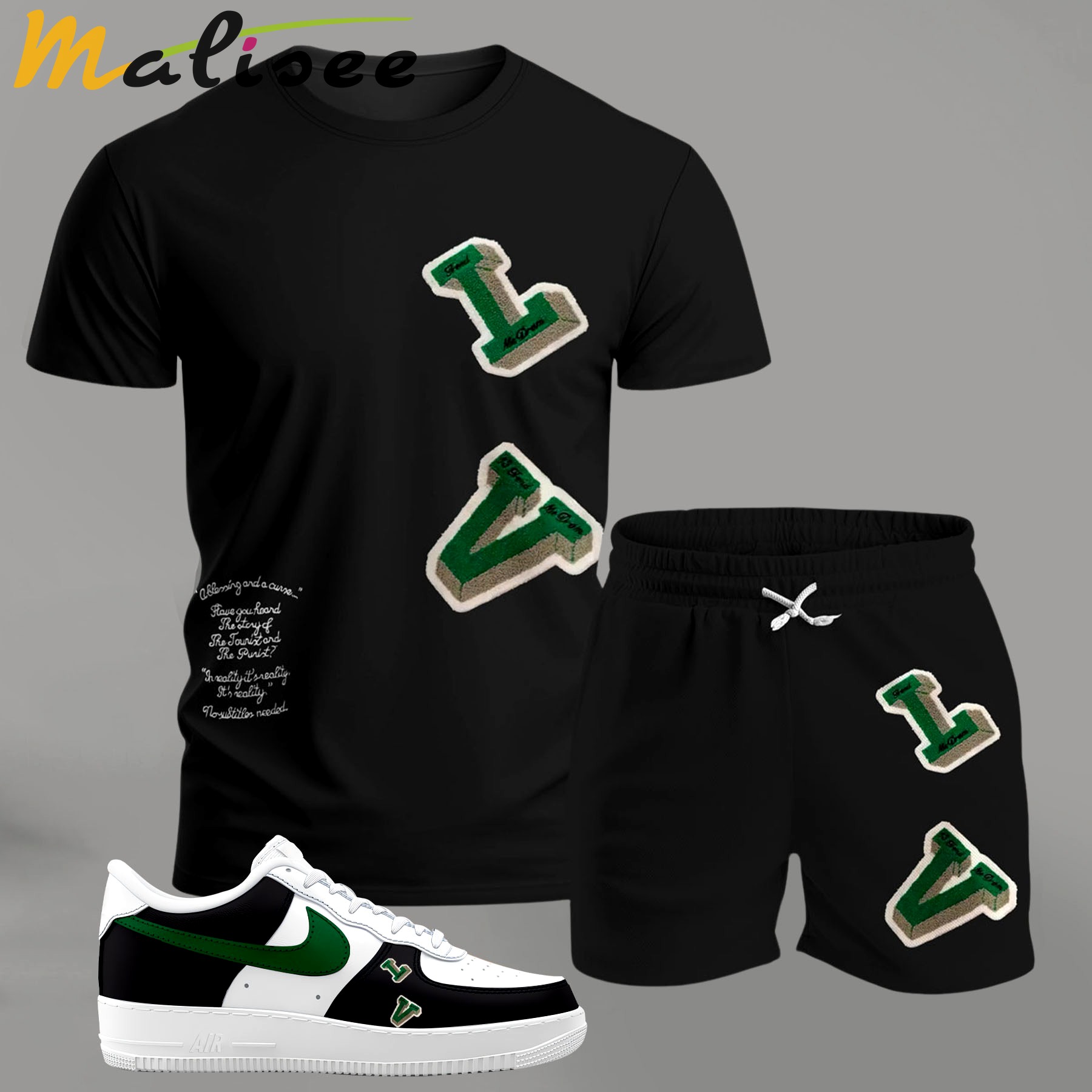 For the girls who love sporty minimal edge, graphic letter patch tee outfit t-shirt – black with green accents | casual everyday outfit aesthetic ideas T-Shirt Short Sneakers Set