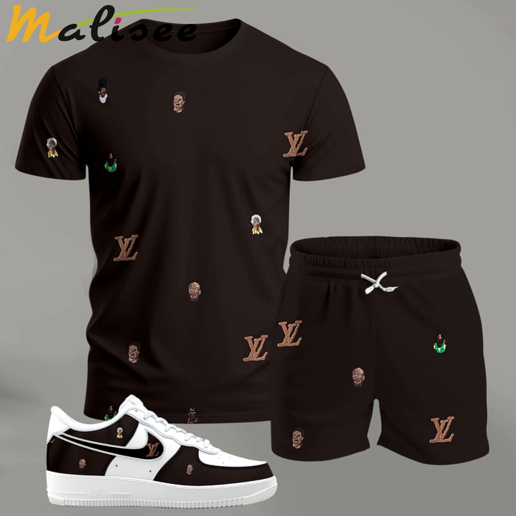 For the girls who love subtle statement pieces, dark brown mini pattern outfit t-shirt set | minimal aesthetic everyday wear T-Shirt Short Sneakers Set