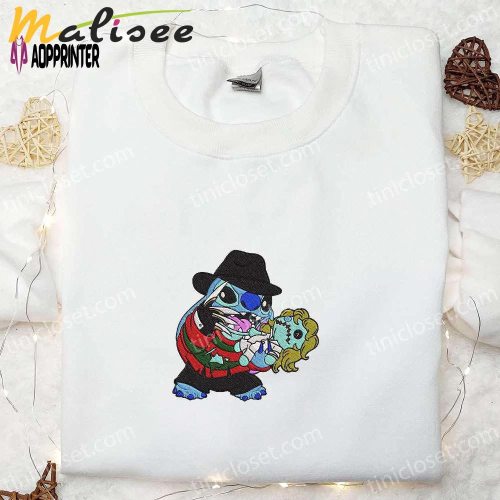 Freddy krueger x stitch doll embroidered sweatshirt – silhouette horror movies hoodie disney halloween gifts Embroidered Shirt