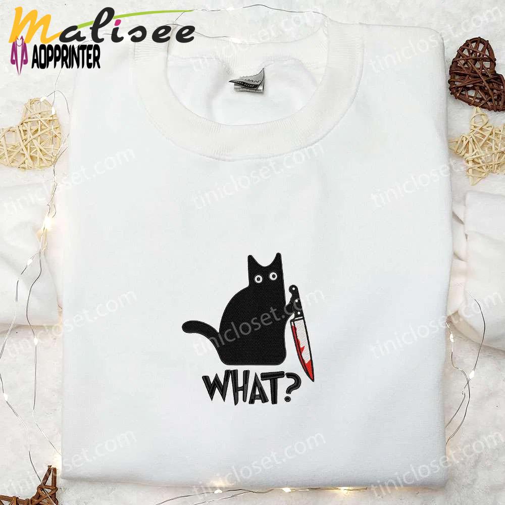 Funny black cat with knife embroidered shirt – best halloween gift Embroidered Shirt