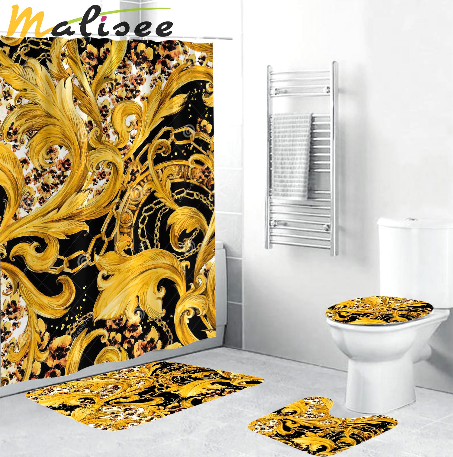 Gianni versace baroque logo type 1668 Bathroom Accessory Sets Luxury Fashion Brand Bath Mat Set Hypebeast Bathroom Toilet Cover Pedestal Rug Waterproof Shower Curtain Bathroom Sets Home Decor