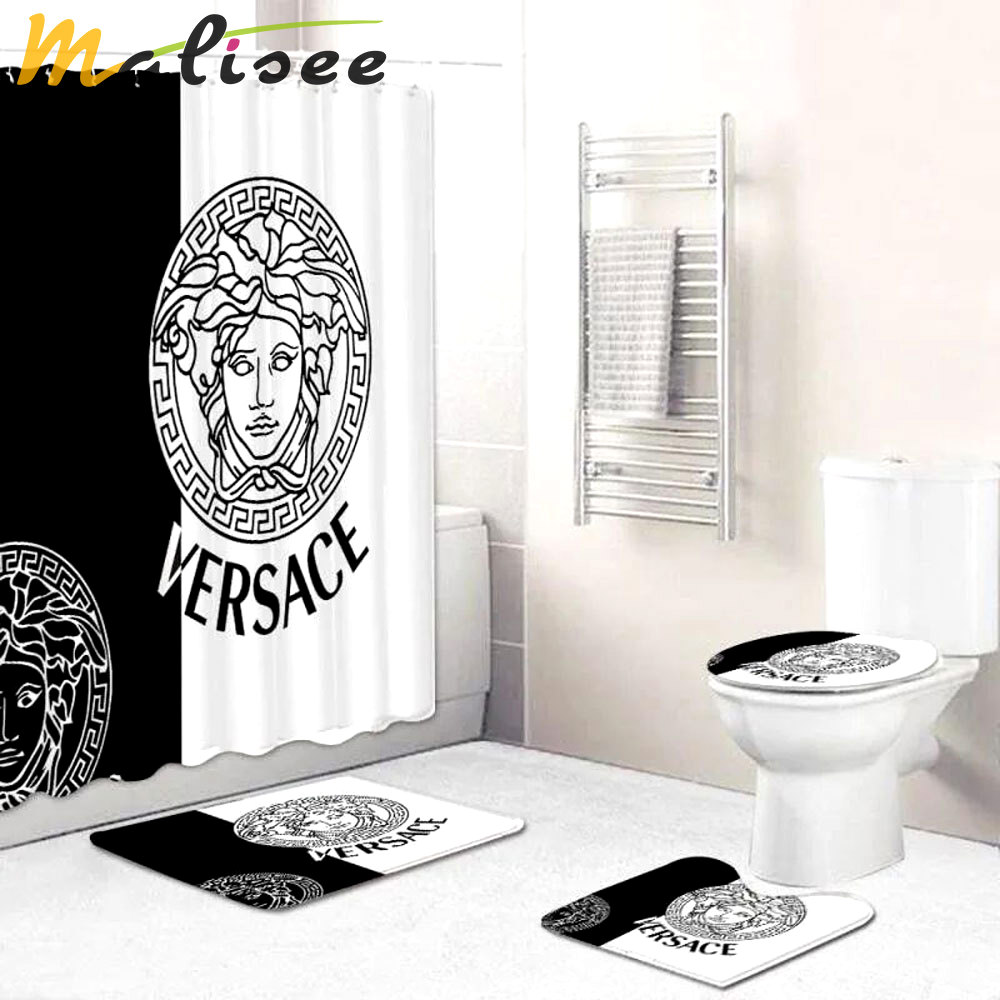Gianni versace black white logo type 1831 Bathroom Accessory Sets Bath Mat Set Luxury Fashion Brand Waterproof Shower Curtain Bathroom Sets Hypebeast Bathroom Home Decor Pedestal Rug Toilet Cover