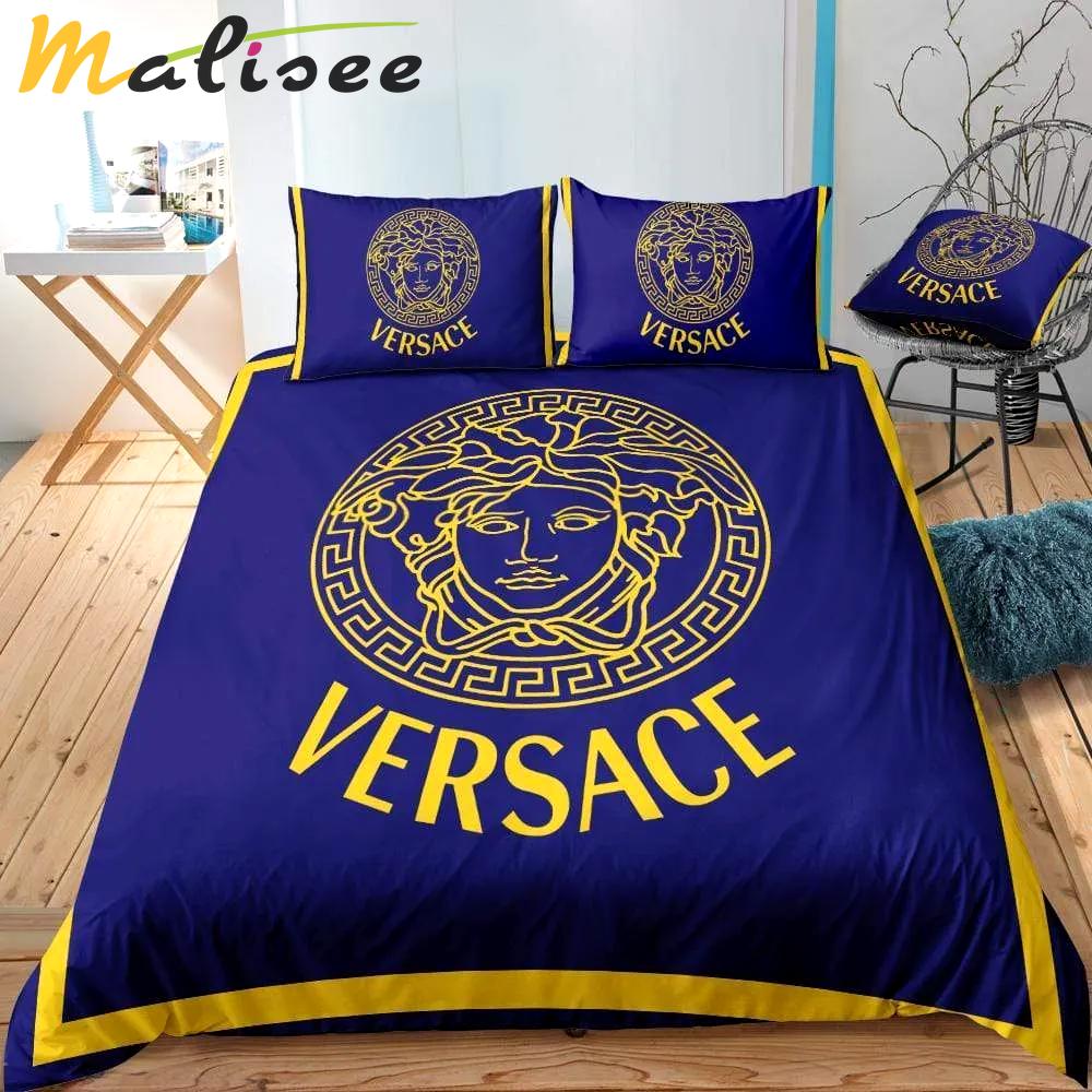 Golden logo blue versace bedding sets luxury brand bed sets, bedroom sets, comforter sets, duvet cover, bedspread for home decor trending 2023 for home Bedding Sets