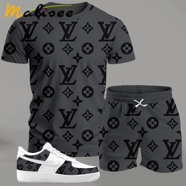 Grey monogram streetwear set for men, all-over pattern t-shirt and shorts combo with contrast sneakers T-Shirt Short Sneakers Set