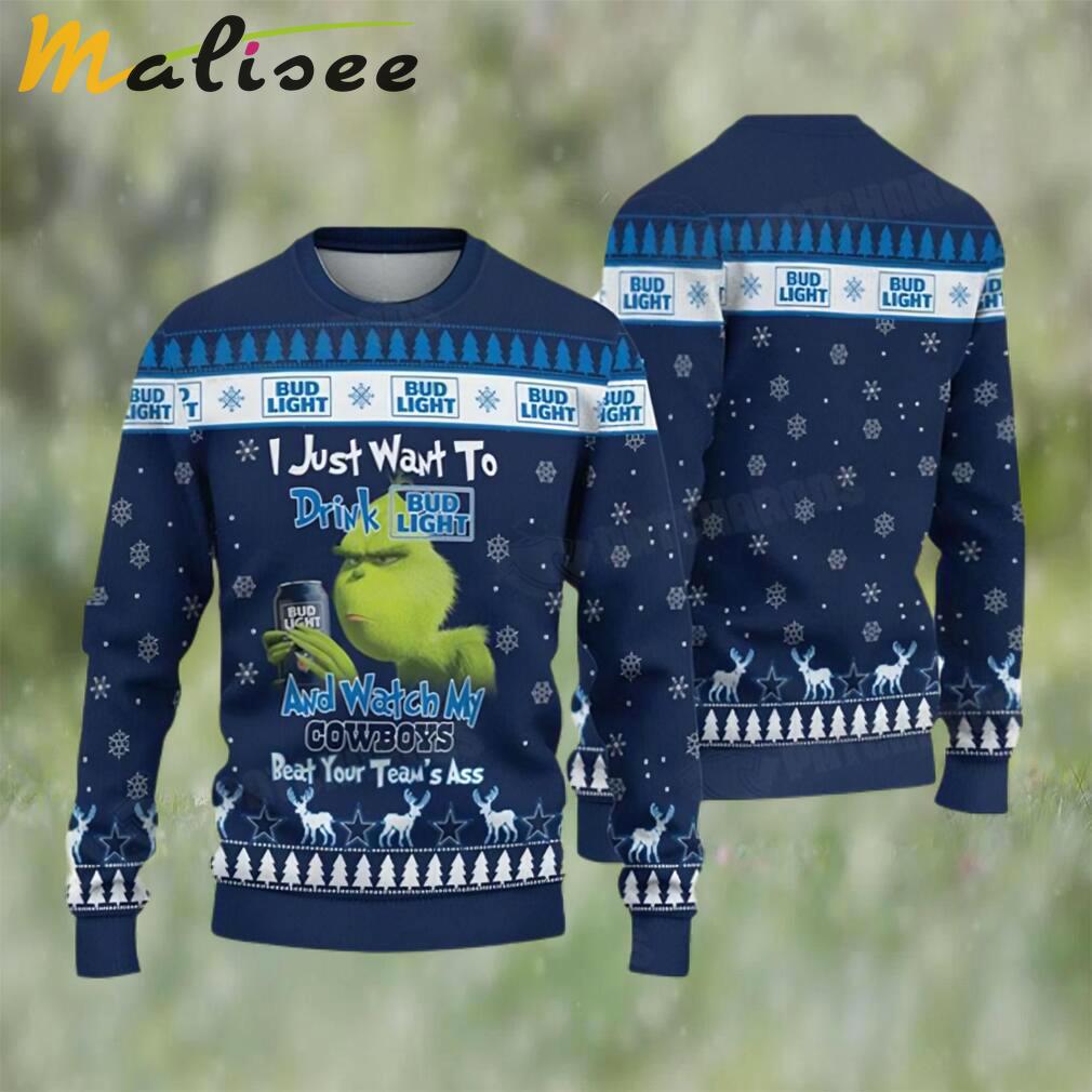 Grinch drink bud light and watch my cowboys ugly christmas sweater funny gift Christmas Ugly Sweater