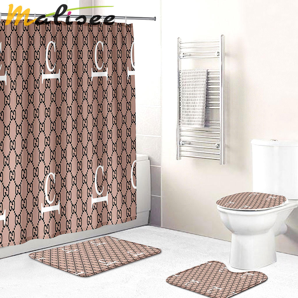 Gucci bath mat sets beige white logo full bath mat sets shower curtain 129 Bathroom Set