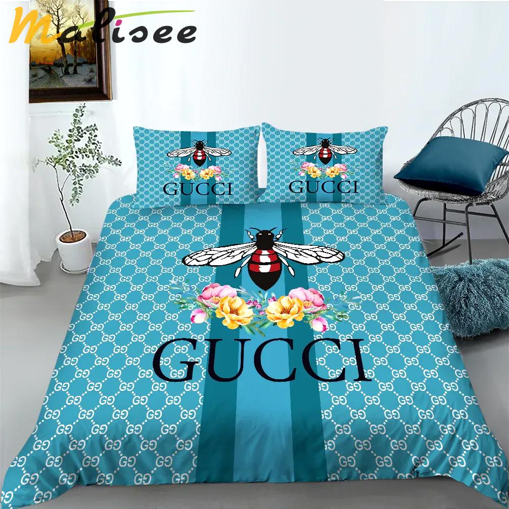 Gucci bee flowers blue logo type 1053 Bedding Sets hyperbeast Bedroom sheets duvet bedclothes bedspread luxury ideas blankets bed linen home decor covers premium fashion brand
