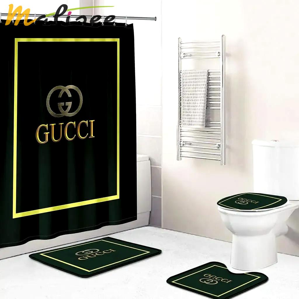 Gucci black logo type 1371 Bathroom Accessory Sets Luxury Fashion Brand Bathroom Sets Bath Mat Set Toilet Cover Pedestal Rug Waterproof Shower Curtain Hypebeast Bathroom Home Decor