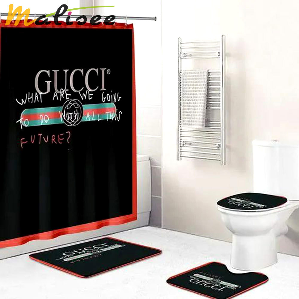 Gucci black logo type 1994 Bathroom Accessory Sets Home Decor Luxury Fashion Brand Hypebeast Bathroom Bath Mat Set Waterproof Shower Curtain Bathroom Sets Pedestal Rug Toilet Cover