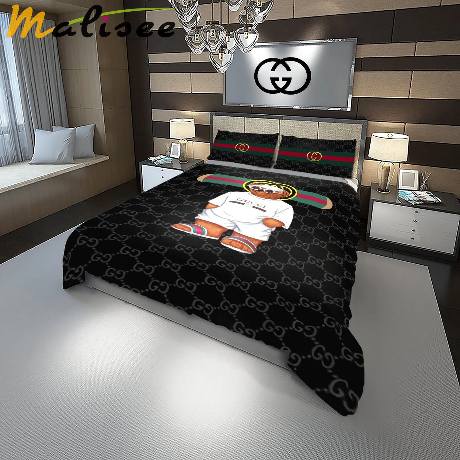 Gucci cute bear fashion logo luxury brand premium bedding sets, bedroom decor , thanksgiving decorations for home Bedding Sets