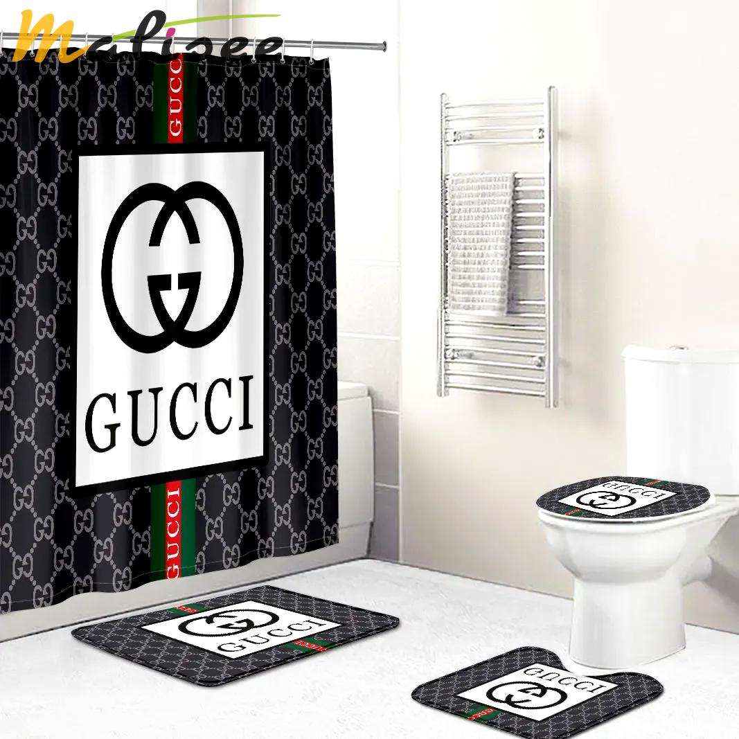 Gucci gc luxury bathroom set gray and black white logo shower curtain 207 Bathroom Set