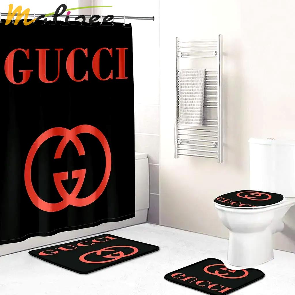 Gucci logo type 657 Bathroom Accessory Sets Bathroom Sets Hypebeast Bathroom Bath Mat Set Pedestal Rug Luxury Fashion Brand Home Decor Toilet Cover Waterproof Shower Curtain
