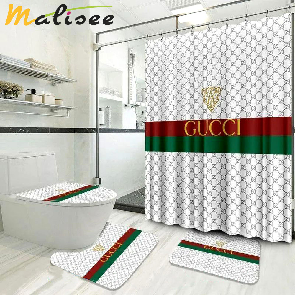 Gucci monogram logo type 1695 Bathroom Accessory Sets Waterproof Shower Curtain Bath Mat Set Pedestal Rug Toilet Cover Home Decor Luxury Fashion Brand Bathroom Sets Hypebeast Bathroom