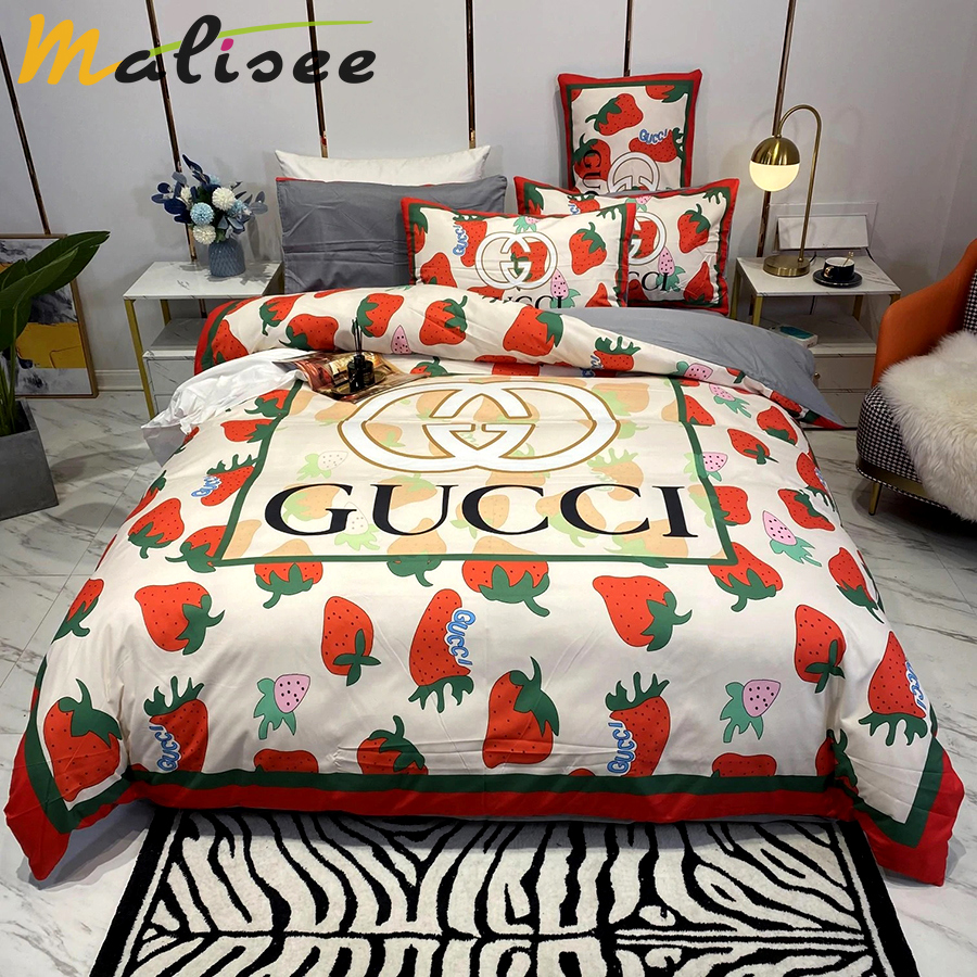 Gucci strawberry fashion logo luxury brand bedding sets, bedroom decor , thanksgiving decorations for home Bedding Sets