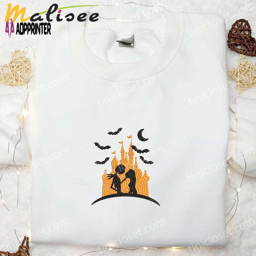 Halloween castle jack skellington & sally embroidered sweatshirt: nightmare before christmas hoodie perfect gift for halloween lovers Embroidered Shirt