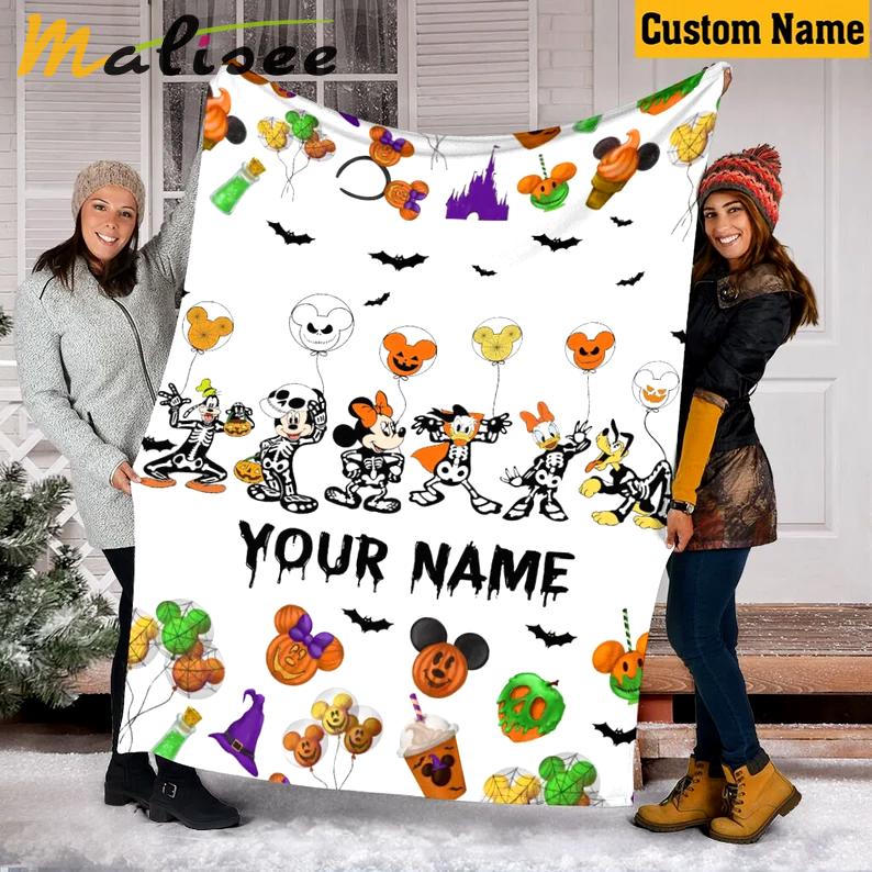 Halloween decorations custom name halloween blanket, mickey and friends halloween blanket, mickey skeleton characters halloween blanket, pumpkin pattern blanket Quilt Blanket