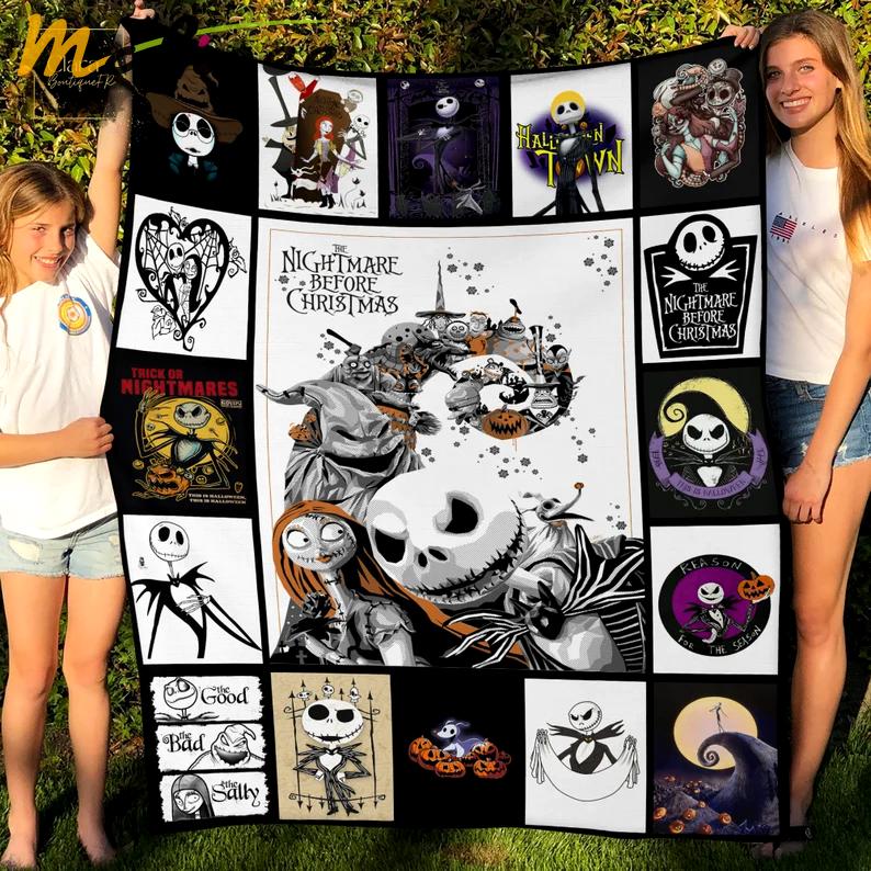 Halloween decorations the nightmare before christmas fleece blanket, mink sherpa blanket, jack and sally quilt, halloween gift, jack skellington quilt Quilt Blanket