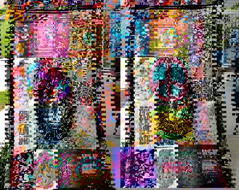 Hippie girl blanket, hippie peace symbol blanket, peace love music blanket, hippie times blanket, birthday gifts, christmas gifts Quilt Blanket