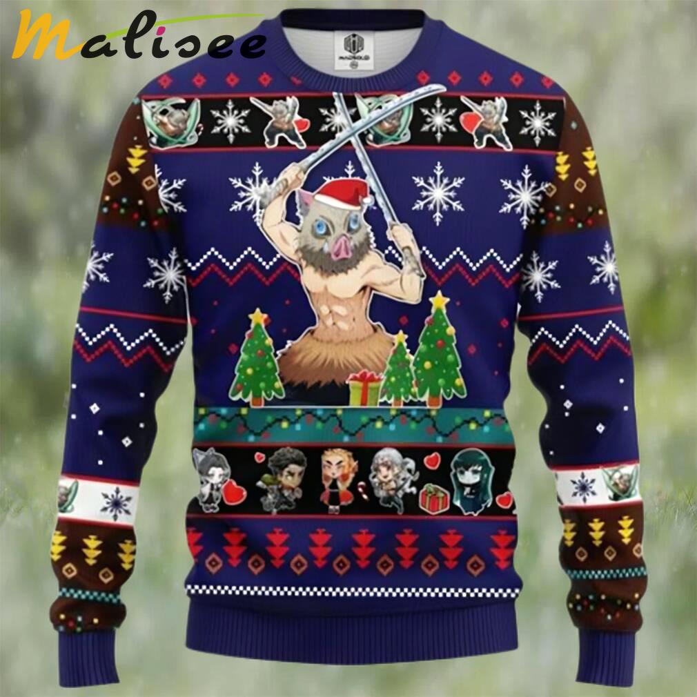 Inosuke hashibira blue demon slayer chibi demon slayer ugly christmas sweater Christmas Ugly Sweater