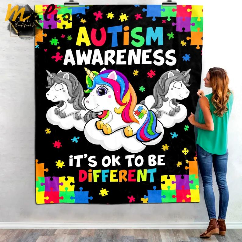 Its ok to be different unicorn fleece blanket, mink sherpa blanket, autism awareness quilt, unicorn blanket, puzzle piece quilt Quilt Blanket