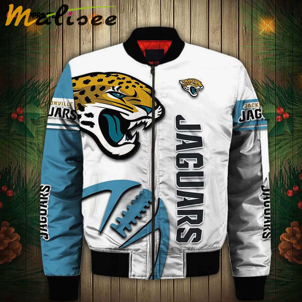 Jacksonville jaguars logo graphic balls pattern bomber jacket – white teal Bomber Jacket