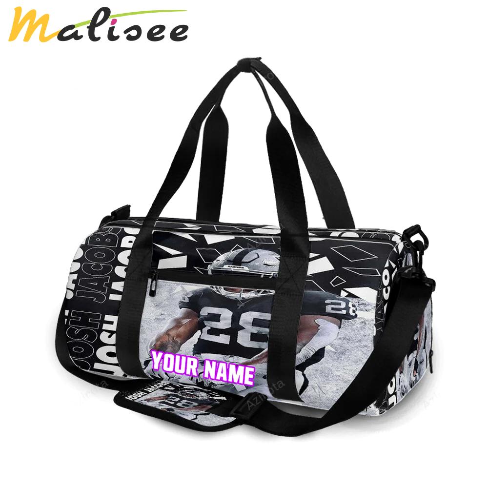Las vegas raiders josh jacobs 28 v2 personalized name travel bag gym bag 1827 Travel Bag