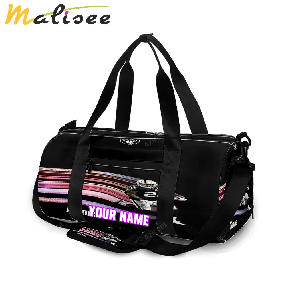 Las vegas raiders josh jacobs 28 v4 personalized name travel bag gym bag 510 Travel Bag