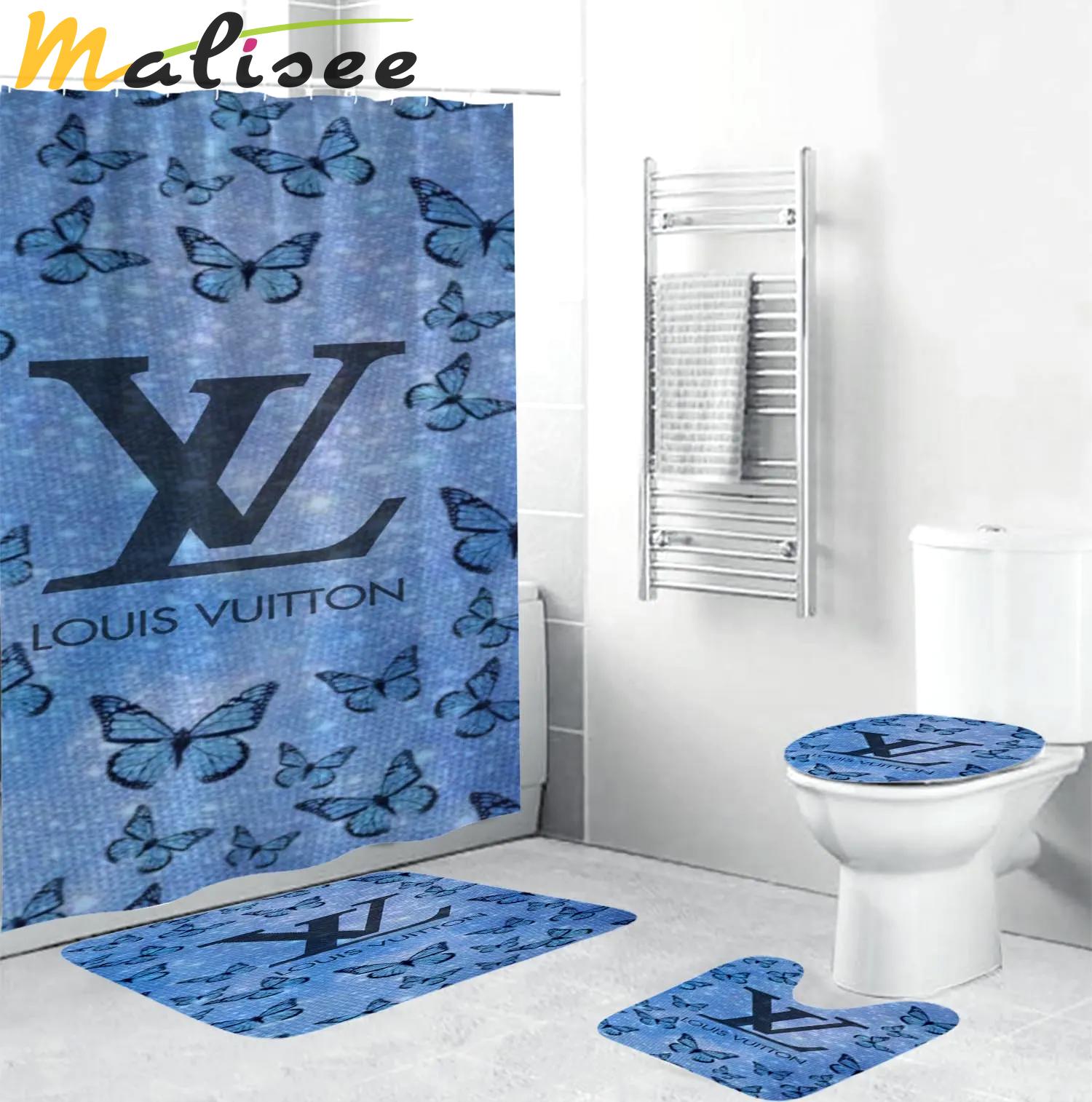 Louis vuitton big logo in butterfly background shower curtain set 344 Bathroom Set