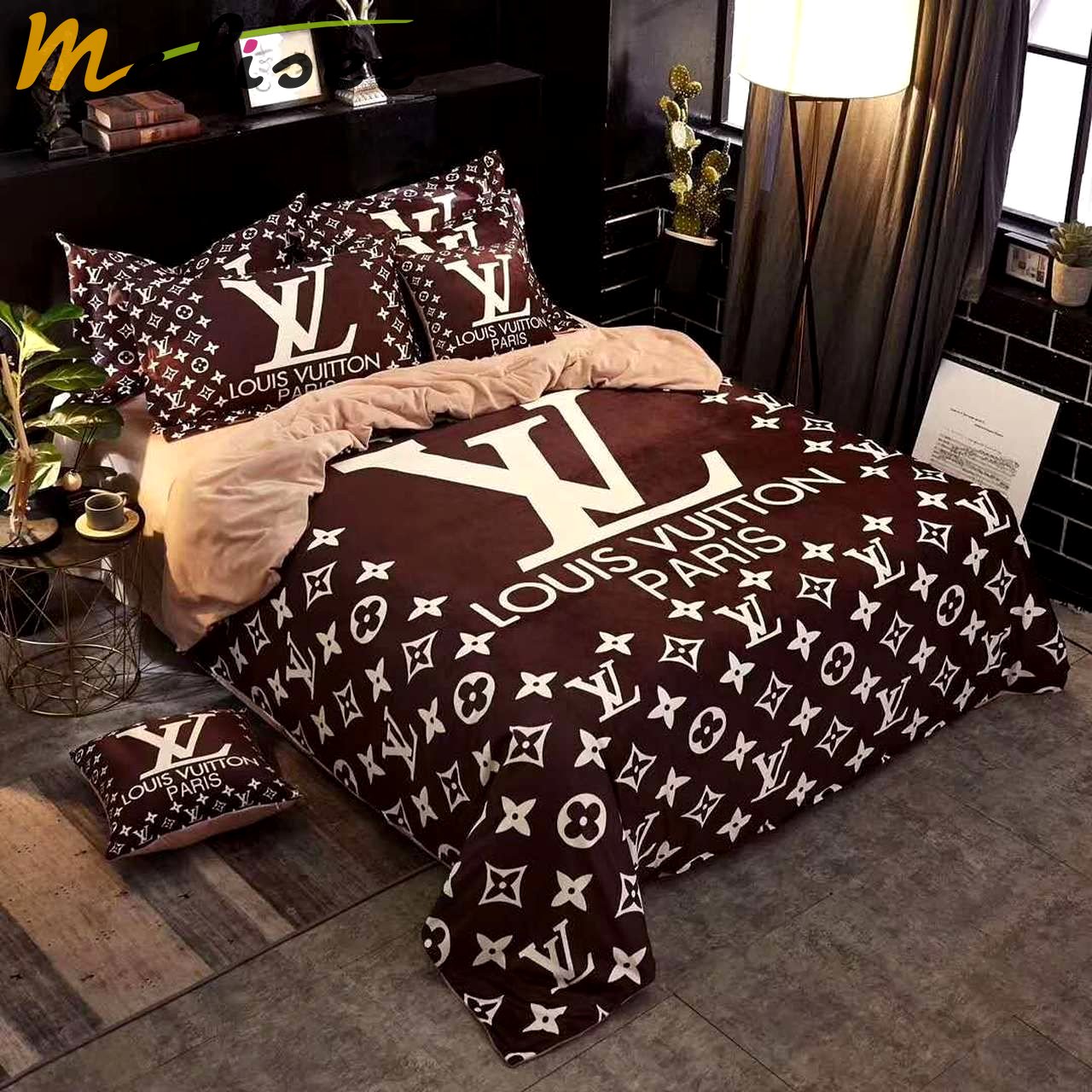 Louis vuitton brown white logo fashion luxury brand     Bedding Sets home decor bed linen bedroom idea blankets covers sheets duvet bedclothes bedspread