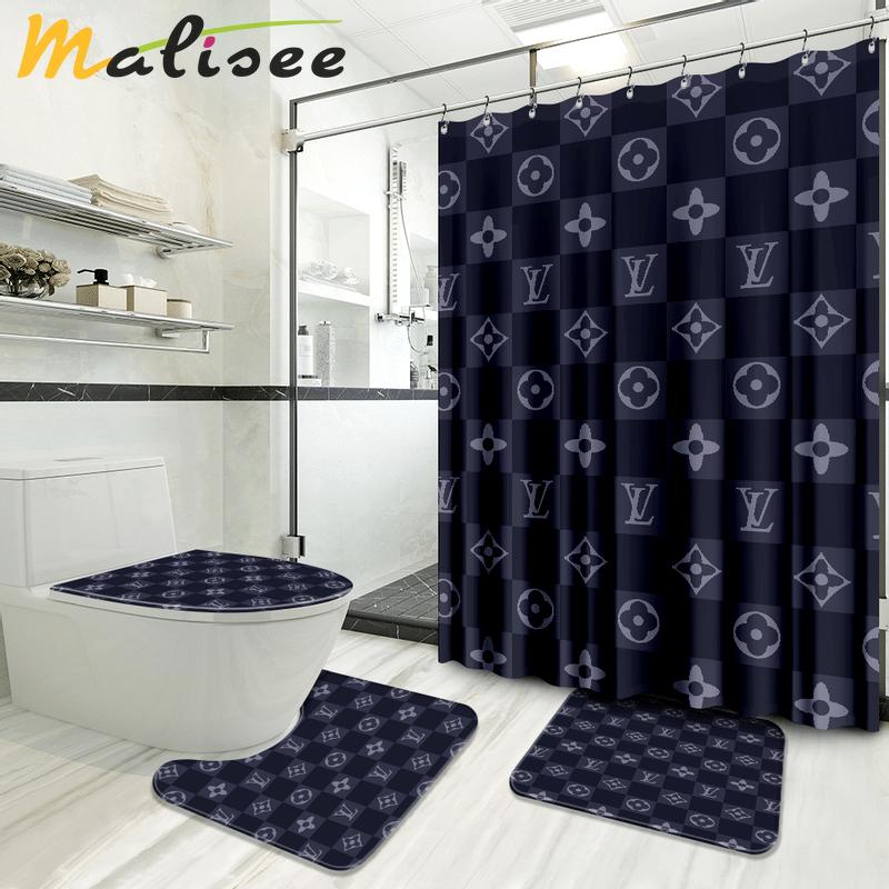 Louis vuitton caro blue logo type 720 Bathroom Accessory Sets Luxury Fashion Brand Hypebeast Bathroom Toilet Cover Waterproof Shower Curtain Home Decor Pedestal Rug Bath Mat Set Bathroom Sets
