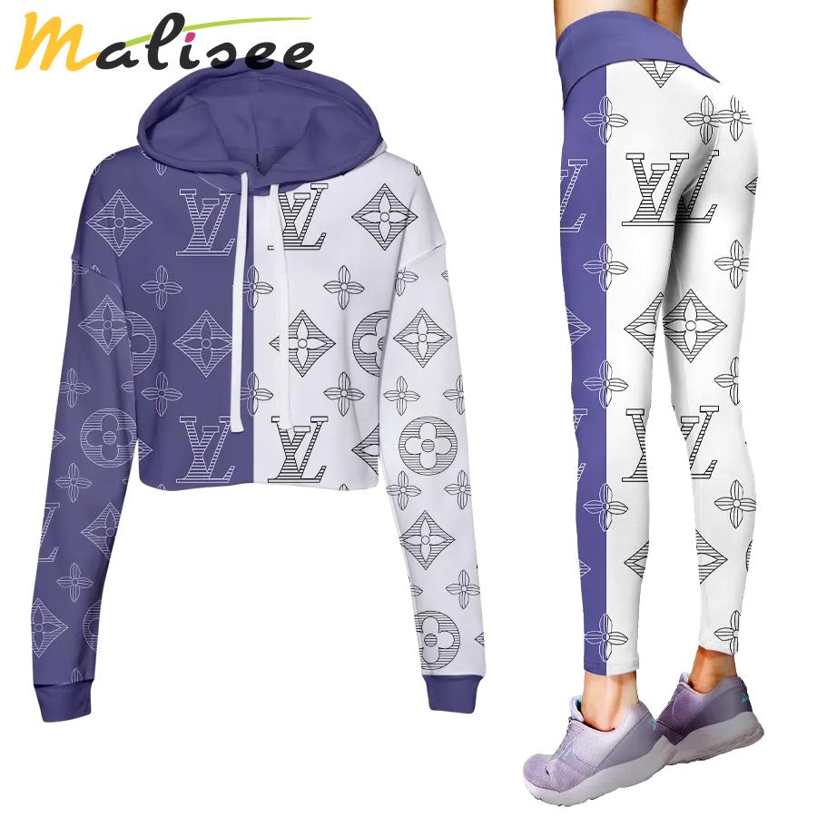 Louis vuitton light blue white luxury brand clothes leggings and crop top set for women Croptop Hoodie Legging Set
