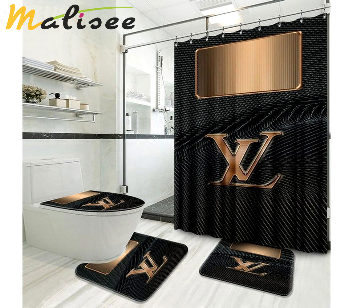 Louis vuitton lv black logo type 1801 Bathroom Accessory Sets Bathroom Sets Waterproof Shower Curtain Pedestal Rug Hypebeast Bathroom Luxury Fashion Brand Home Decor Bath Mat Set Toilet Cover